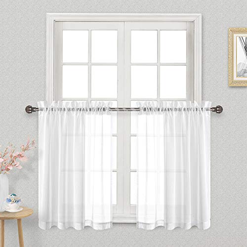 Product Cover DWCN White Sheer Curtains for Kitchen - Rod Pocket Voile Tier Valances for Cafe Bedroom Bathroom, 52W x 36L inch, Set of 2 Panels