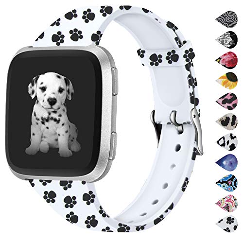 Product Cover Hamile Compatible with Fitbit Versa Bands for Women/Men, Slim Thin Silicone Fadeless Pattern Printed Cute Floral Band Replacement Wristbands for Fitbit Versa 2 Lite SE, Women Men, Small (Paw Print)