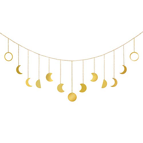 Product Cover Mkono Moon Phase Garland with Chains Boho Gold Shining Phase Wall Hanging Holiday Ornaments Moon Hang Art Room Headboard Decor for Bedroom Living Room Apartment Nursery Room Dorm, 55
