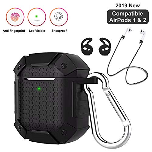 Product Cover AirPods Case Accessories Kit , 2019 Silicone Heavy Duty Armor Protective Shockproof Airpod Cover Skin with Keychain, Ear Hook, Airpods Strap Set for Apple AirPod 1 & 2 (armor-black)