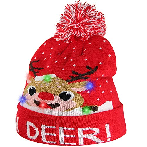 Product Cover Twinkle Star LED Lighted Christmas Hats, Light Up Christmas Deer Flashing Beanie, Ugly Xmas Sweater Accessories Red