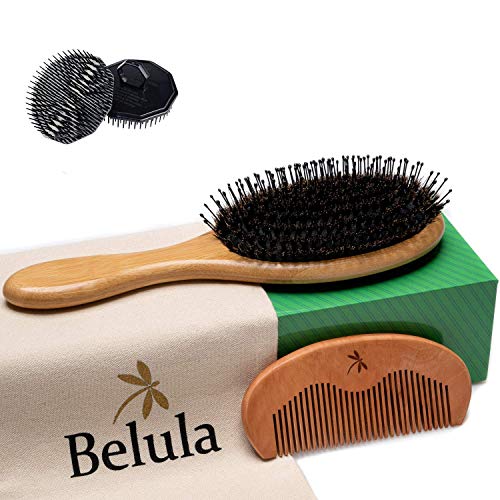 Product Cover Boar Bristle Hair Brush for Men Set. Detangling Hairbrush for Thick Hair, Curly, Long or Tangled. Boar Bristle Brush, 2 x Palm Brush, Wooden Comb & Travel Bag Included