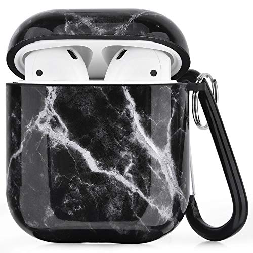 Product Cover Airpods Case - CAGOS 3 in 1 Cute Marble Airpods Accessories Protective Hard Case Cover Portable & Shockproof Women Girls Men with Keychain/Strap/Earhooks for Airpods 2/1 Charging Case -Black
