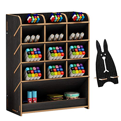 Product Cover Marbrasse Wooden Desk Organizer, Multi-Functional DIY Pen Holder Box, Desktop Stationary, Home Office Supply Storage Rack with Drawer (B12-Black)