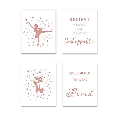 Product Cover Inspirational Lettering Quote Rose Gold Foil Print, Ballerina Dancing Cardstock Art Print Ballet Shoes with Stars Wall Art Poster for Girls Room Women Bedroom Decor (Set of Four, 8x10 inch, UNFRAMED)