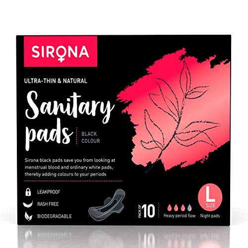 Product Cover Sirona Biodegradable Super Soft Black Sanitary Pads/Napkins - 10 Pieces, Large (L) Night Pads - Antibacterial, Ultra Thin and Rash Free Protection