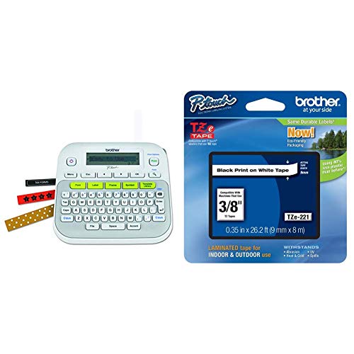 Product Cover Brother P-Touch, PTD210, Easy-to-Use Label Maker, White & Genuine P-Touch TZE-221 Tape, 3/8%22 Standard Laminated P-Touch Tape, Black on White, Single-Pack