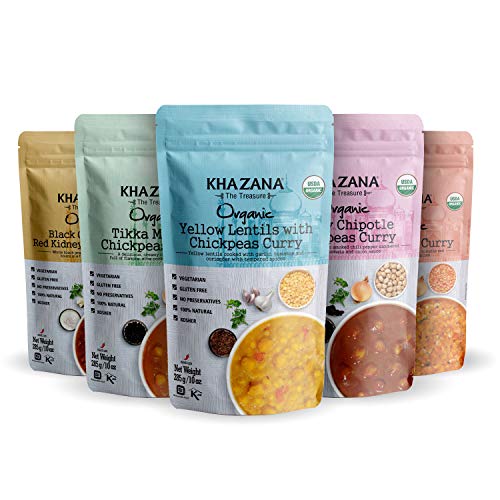 Product Cover Khazana Organic Gourmet Indian Food - Ready to Eat Indian Dinner in 90 Seconds, Prepared Microwave Meals, Gluten Free, Non-GMO, Vegan, Kosher. 5 Pack Variety, 10oz