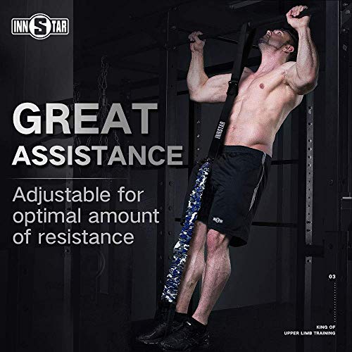 Product Cover INNSTAR Pull up Assist Band System Adjustable Anti Snap Chin Up Assistance Elastic Band Resistance Band with Carry Bag and Fitness Workout Guide for Men & Women (Camo Blue)