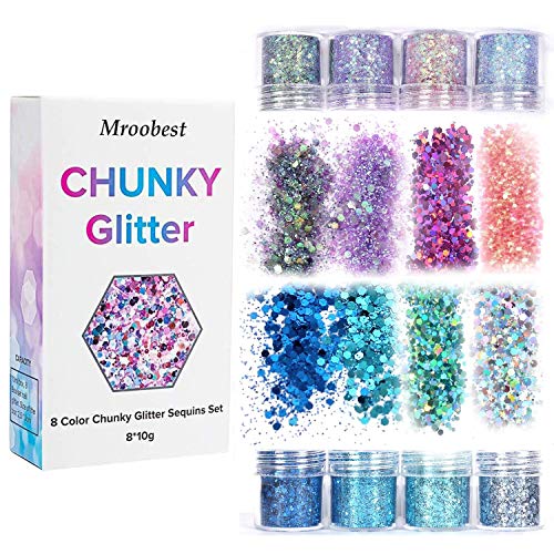 Product Cover Holographic Chunky Glitters, Cosmetic Glitters Flakes, Body Glitter Set - 8 Colors, Use for Face Nails Eyes Lips Hair Body, Make Up Glitter Paillette Music Festival Masquerade - 8 boxes 10ML