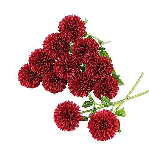 Product Cover Tifuly 12 pcs Artificial Chrysanthemum Ball Flowers Bouquets for Bride Single Stem Plastic Hydrangea Silk Flowers for Wedding Bouquets Centerpieces Arrangements Party Home Garden Decor(Red)