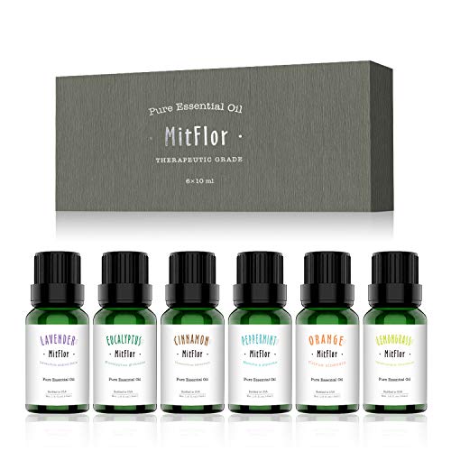 Product Cover Organic Essential Oil Set, MitFlor Top 6 Essential Oil Set, 100% Pure Therapeutic Grade Aromatherapy Oils kit, Lavender, Eucalyptus, Peppermint, Cinnamon, Orange, Lemongrass, Gift for Women, 6x10ml