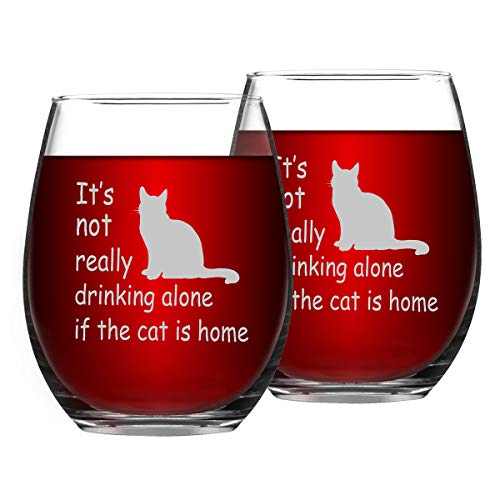Product Cover Set of 2 Stemless Wine Glass It's not really drinking alone if the cat is home Funny Wine Cup Best Birthday Christmas Holiday Gifts for Family Friends Cat Lover or Daily Use 15 Ounce