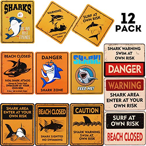Product Cover 12 PCS Shark Zone Party Decorations,12 Styles Party Wall Decor Signs for Boys Kids Birthday Party Ocean Shark Theme Party Supplies