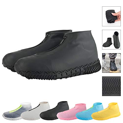 Product Cover ATOFUL Reusable Silicone Waterproof Shoe Covers, Silicone Shoe Covers with Zipper No-Slip Silicone Rubber Shoe Protectors for Kids,Men and Women (Black, L)