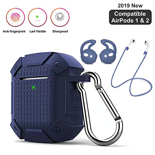Product Cover AirPods Case Accessories Kit , 2019 Silicone Heavy Duty Armor Protective Shockproof Airpod Cover Skin with Keychain, Ear Hook, Airpods Strap Set for Apple AirPod 1 & 2 (armor-blue)