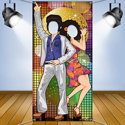 Product Cover 70's Dance Party Decoration 70's Photo Door Banner Backdrop Props, Large Photo Backdrop for 70's Theme Party Decor Disco Theme Party Supplies with Ropes