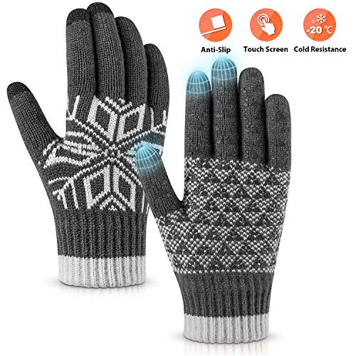 Product Cover Pvendor Winter Gloves Touch Screen Warm Knit Gloves, Soft Wool Lining Elastic Cuff, Anti-Slip Rubber Design Warm Gloves for Men Women(Gray, OneSize)