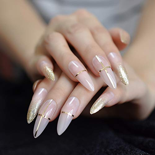 Product Cover CoolNail Beige Nude Glitter French Stiletto Press on False Nails Extra Long Natural Sharp Poited Gold Cross Line UV Gel Fake Fingers Nail