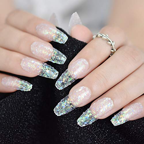 Product Cover CoolNail Iridescent Paillette Press on False Nails Extra Long Ballerina Coffin Manicure Fake Nail Tip Daily Office Salon Finger Easy Wear