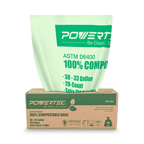 Product Cover POWERTEC ASTM D6400 Certified Compostable Bags - 40 Count | 124 Liter - 33 Gallon Trash Bags, 1.1 Mil, US BPI and European OK Compost Home Certification - 100% Sustainable Green Products
