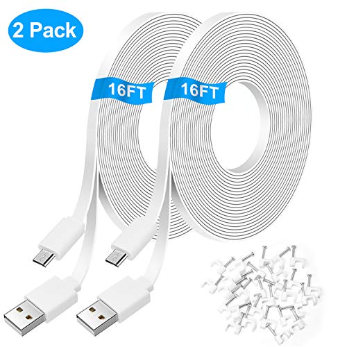 Product Cover 2 Pack 16.4FT Flat Power Extension Cable for WyzeCam,WyzeCam Pan,KasaCam Indoor,NestCam Indoor,Yi Camera, Blink, USB to Micro USB Flat Charging Cord for Security Cam with Wire Clips