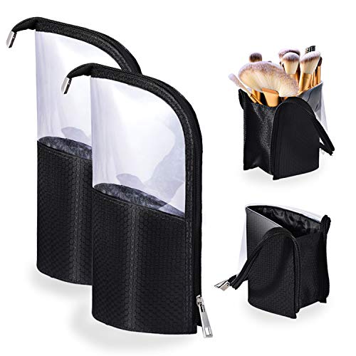 Product Cover Travel Make-up Brush Cup Holder Organizer Bag 2-Pack, Pencil Pen Case for Desk, Clear Plastic Cosmetic Zipper Pouch, Portable Waterproof Dust-Free Stand-Up Small Toiletry Stationery Bag Divider, Black