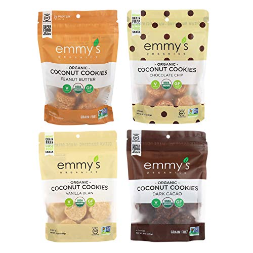 Product Cover Emmy's Organic Coconut Cookies Variety Pack of 4 Flavors ( Peanut Butter, Vanilla Bean, Chocolate Chip, Dark Cacao ) 6 Ounce