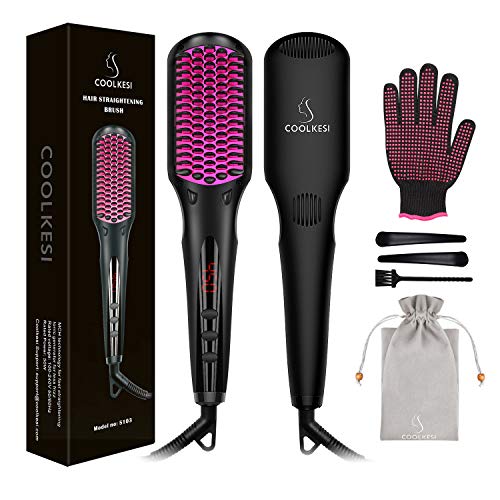Product Cover COOLKESI Ionic Hair Straightener Brush, Anti-scald Straightening Brush with Fast MCH Ceramic Heating, Adjustable Temperatures, Auto-Off & Dual Voltage, Portable Straightening Comb for Home, Travel