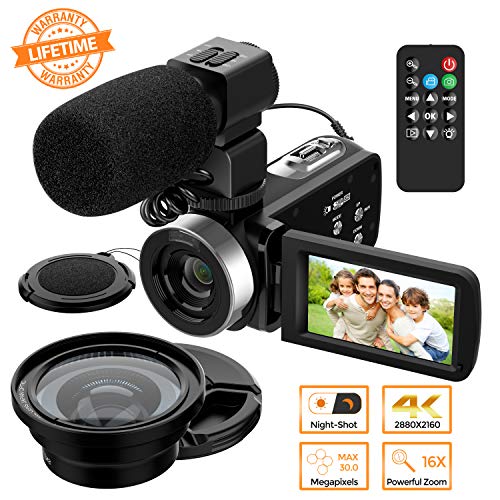 Product Cover Vlog Video Camera Camcorder - 4K HD Camera for YouTube and Capture Memory with Microphone, Digital WiFi Camera Recorder with Remote Control, IR Night Vision 3.0 inch Touch Screen 16X Digital Zoom