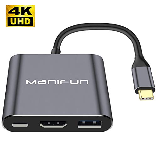 Product Cover Manifun USB C to HDMI Adapter, Type C to HDMI Adapter Thunderbolt 3 to HDMI 4K, USB 3.0, USB C Power Delivery Compatible MacBook Pro, MacBook, Samsung Galaxy S8/S9/S10/Note 8/Note 9/Note 10(Gray)