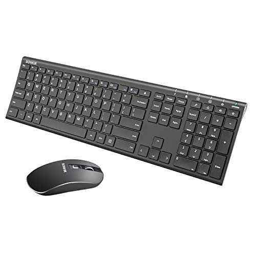 Product Cover Wireless Keyboard and Mouse, Sonkir K-18 2.4GHz Ultra Thin Rechargeable Aluminum Full Size Keyboard Mouse Set for Windows, Laptop, PC, Notebook (Black)