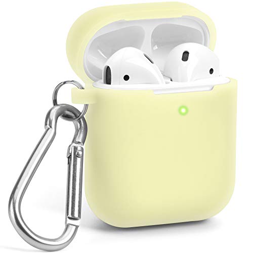 Product Cover GMYLE AirPod Case, Protective Silicone Cover Skins with Keychain for Airpods Earbuds Wireless Charging Case, Accessories Set Compatible with Apple AirPods 1 & 2, Transparent Yellow [Front LED Visible]