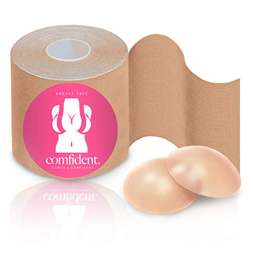 Product Cover Comfident. XL Boob Tape - 3'' Breast Lift Tape for DD - E cup + Reusable Silicone Nipple Covers, Nude, 3'' x 33'