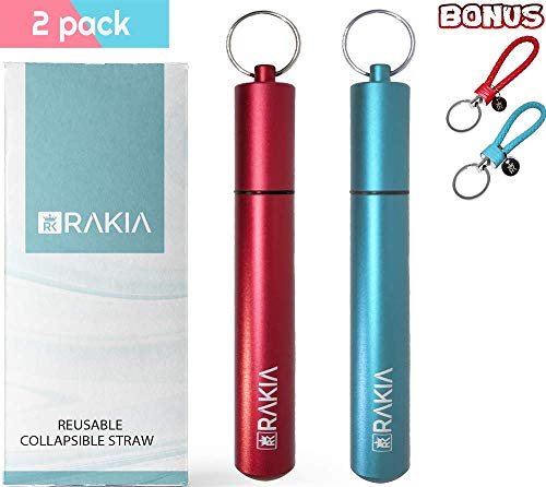 Product Cover 2 Pack | Collapsible Stainless Steel Rainbow Straws | Collapsible Folding Straws | ECO Friendly Straws | Portable Straw | Food Grade Silicone Tip Straws | BONUS Keychain Straw (Blue/Red)