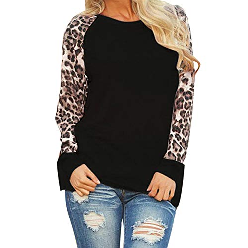 Product Cover Women's Long Sleeve Leopard Print Patchwork T-Shirt Blouse Ladies T-Shirt Oversize Tops (Black, XXL)