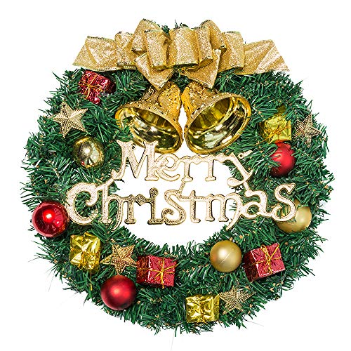 Product Cover Pine Artificial Christmas Wreath Christmas Front Door Hanging Wreath 13 Inch Xmas Garland Wreath Ornaments with Balls Bells Gift Box Bowknot Star for Christmas Will Fit Window House Wall Decor(Gold)