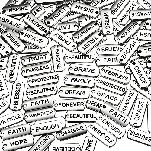 Product Cover Word Charms Pendants Engraved Motivational Charms Pendants for DIY Necklaces, Jewelry Making, Fashion Accessories, Bracelets, Bangles, Silver (80 Pieces)