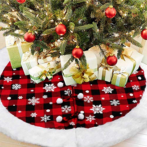 Product Cover AerWo Buffalo Plaid Tree Skirt with Luxury Faux Fur Edge, Red and Black Buffalo Check Christmas Tree Skirts Snowflake Xmas Tree Skirt for Christmas Holiday Winter Decorations, 48inches
