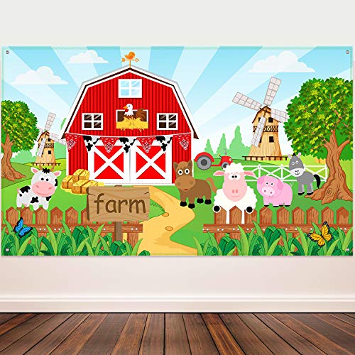 Product Cover Farm Animals Theme Party Decorations, Farm Animals Barn Backdrop Banner for Grass Children Birthday Party Supplies, Farm Animals Scenic Background Photo Booth Banner, 72.8 x 43.3 Inch
