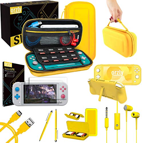 Product Cover Orzly Switch Lite Accessories Bundle - Case & Screen Protector for Nintendo Switch Lite Console, USB Cable, Games Holder, Comfort Grip Case, Headphones, Thumb-Grip Pack & more (Orzly Gift Pack Yellow)