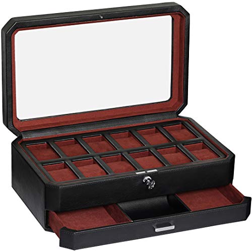 Product Cover VALR Watch Box with Valet Drawer for Men - 12 Slot Luxury Watch Case Display Organizer, Microsuede Liner, Locking Mens Jewelry Watches Holder, Men's Storage Boxes Holder Large Glass Top (Black/Red)