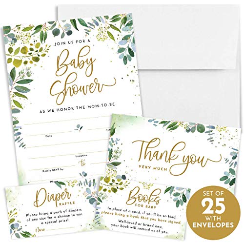 Product Cover Printperie 25 Greenery Baby Shower Invitation Set with Envelopes - Gender Neutral Blank Fill-in Invites for Boy or Girl - Includes Books for Baby, Diaper Raffle, and Thank You Cards