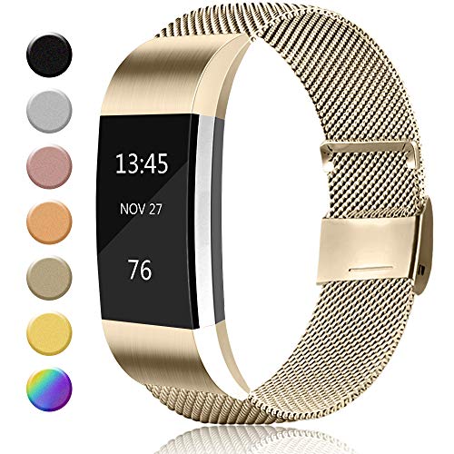 Product Cover AK Metal Replacement Bands Compatible for Fitbit Charge 2 Bands, Stainless Steel Adjustable Wristband for Fitbit Charge 2 with Unique Magnet Clasp (Small, 06 Champagne Gold)