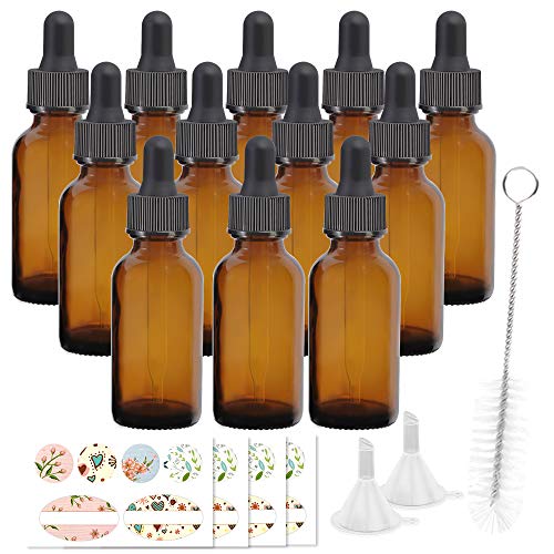 Product Cover 12 Pack 30 ml 1 oz Amber Glass Bottles with Glass Droppers and Black cap.Glass Dropper Bottles for Essential Oils,Lab Chemicals,Colognes,Perfumes.Included 1 Brush,2 Funnels and 24 Labels.