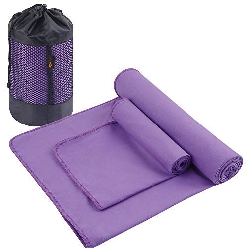 Product Cover sunland Yoga Towel Sweat Absorbent Soft Non-Slip Hot Yoga Towel + Hand Towel 2 in1 Set with Carry Bag Ideal for Pilates Hot Yoga Bikram 24 inches x 72 inches Purple
