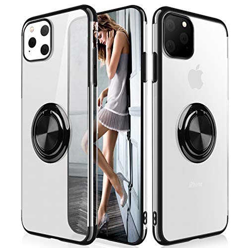Product Cover iPhone 11 Pro Max Case,WATACHE Clear Crystal Ultra Slim Soft TPU Electroplated Frame Case Cover with Built-in 360 Rotatable Ring Kickstand for Apple iPhone 11 Pro Max,Black