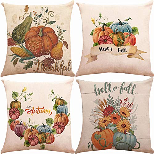 Product Cover ZUEXT Fall Pillow Covers 18x18 inch, Set of 4 Cotton Linen Burlap Hello Autumn Pumpkin Throw Pillow Cases for Fall Decor Farmhouse Fall Decorations Thanksgiving Halloween Decorative Pillow Cover