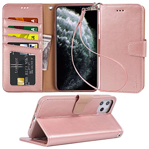 Product Cover Arae Case for iPhone 11 Pro Max PU Leather Wallet Case Cover [Stand Feature] with Wrist Strap and [4-Slots] ID&Credit Cards Pocket for iPhone 11 Pro Max 6.5 inch 2019 Released - Rosegold