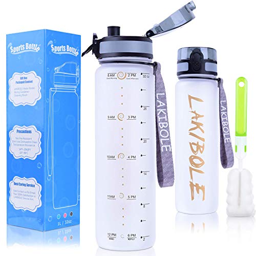 Product Cover LAKIBOLE 32 oz Motivational Sports Water Bottle with Time Marker Fruit Infuser Water Bottle (Gray White)